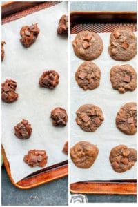 Prep image showing uncooked double chocolate chip cookies on a tray then baked cookies on the same tray.