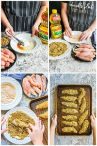 Prep image collage showing step by step instructions on how to make chicken tenders.