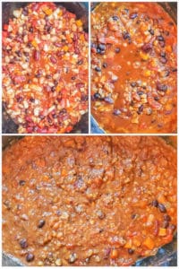 Prep image for vegetarian chili recipe showing cooking process.