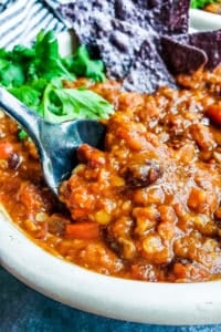 Vegetarian chili in a white bowl with black spoon dipping in.