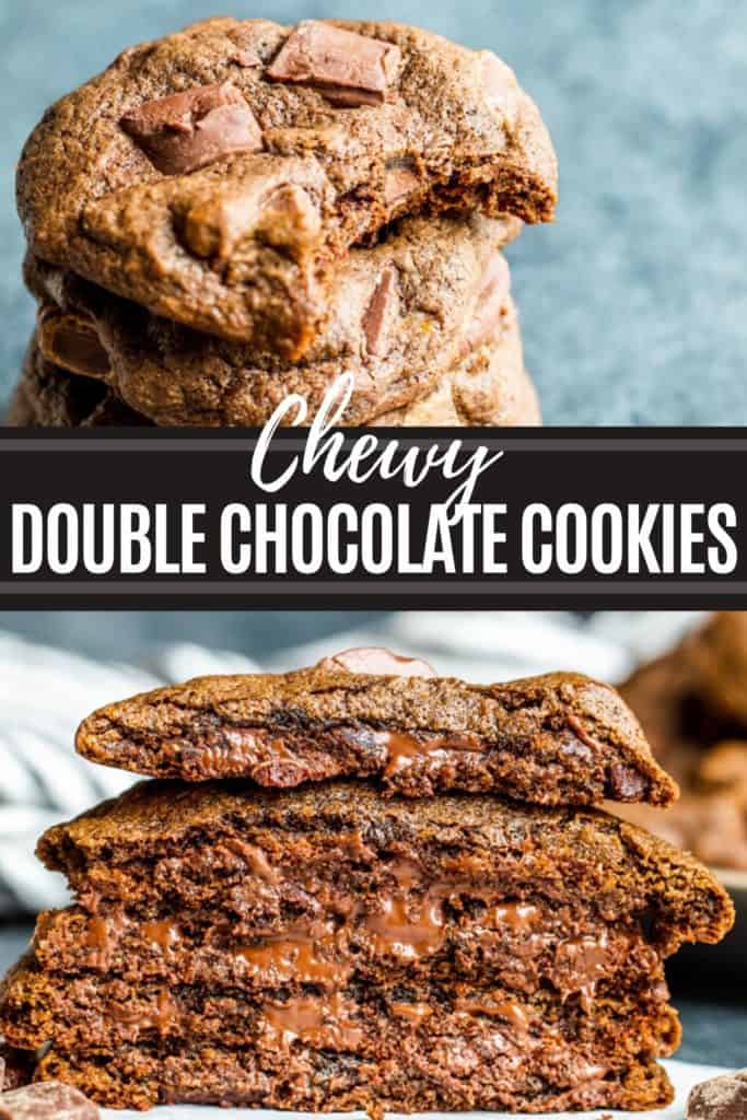 Chewy chocolate chip cookies pin with two images and white title text in the middle.