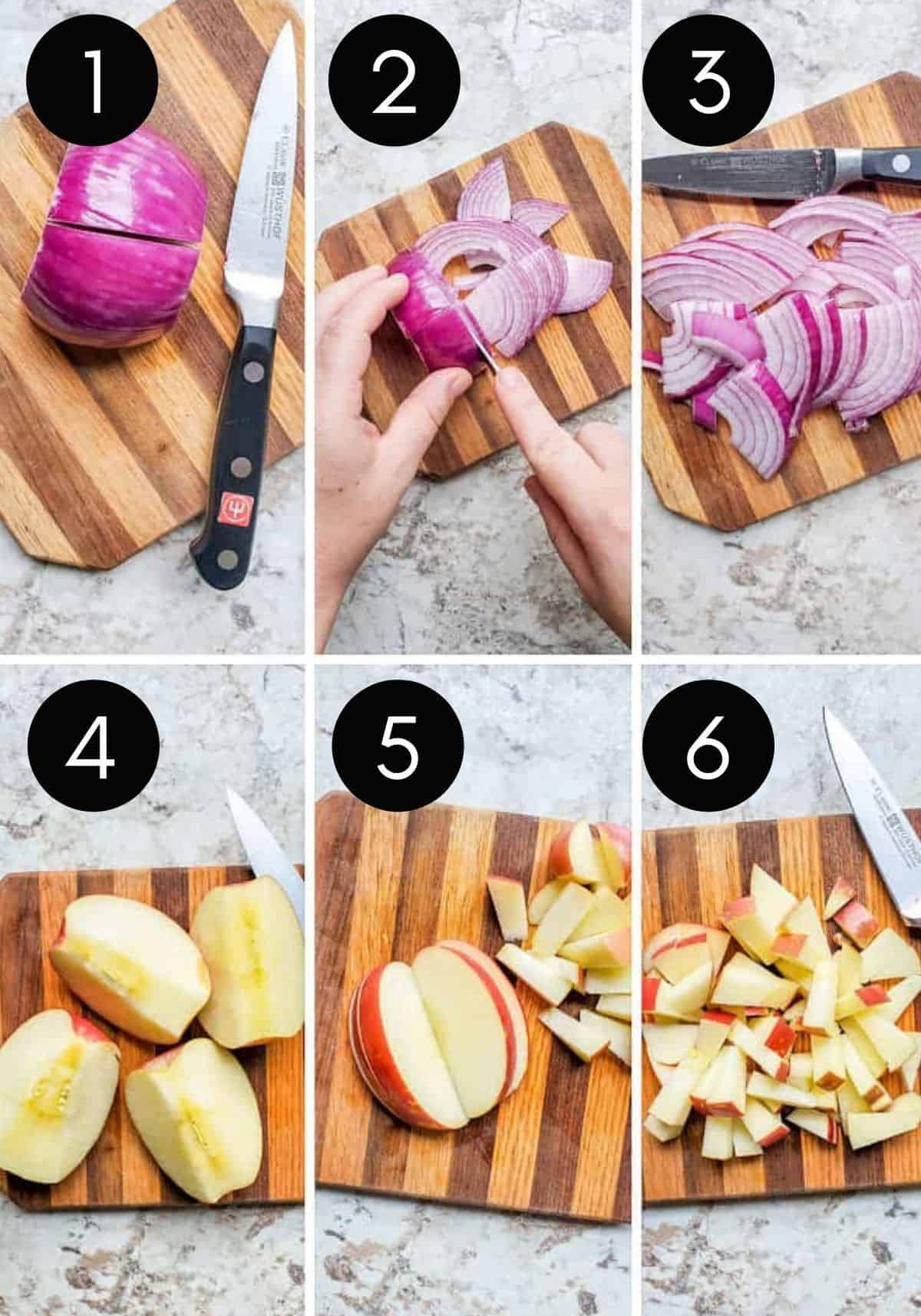 Prep image collage showing apple and red onion being sliced with knife.