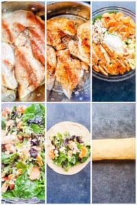 Six image collage showing chicken cooking, ingredients in glass bowl and rolling the wrap.