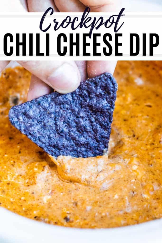 Pin for chili cheese dip with black text and chip being dipped.