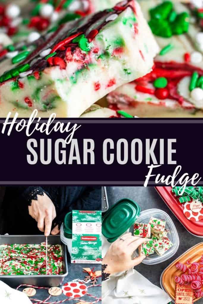 Homemade sugar cookie fudge recipe pin with white text in the middle.