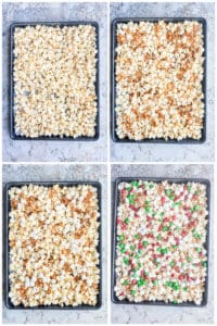 Prep image showing ingredients being combined on a large cookie sheet on a white counter.