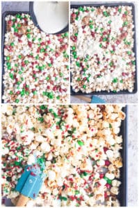 Prep image collage showing white chocolate being poured over mixed and stirred.