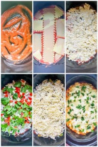 Prep image showing six images of the lasagna being layered in the crockpot.