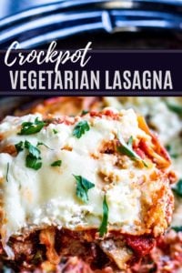 Pin for vegetarian lasagna with white text in the middle.