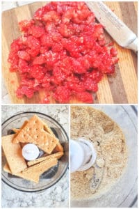 Prep image showing raspberries being chopped and grahm crackers being crushed in food processor.