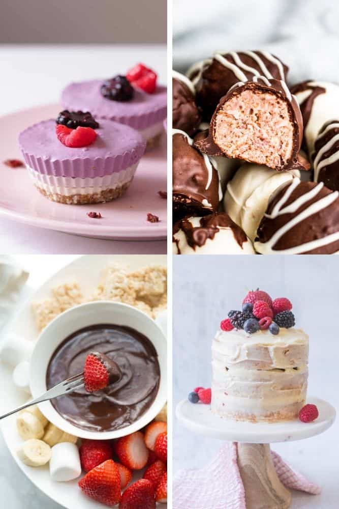 Image is a collage of four desserts for Valentine's Day. 