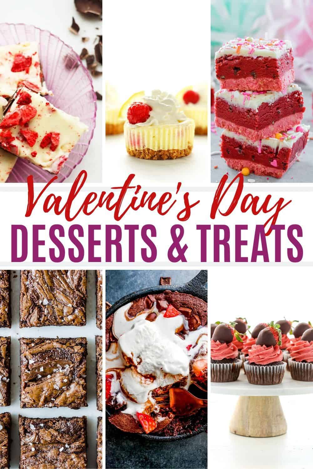 Pin image for Valentine's Day Desserts and Treats with red and purple text overlay. 