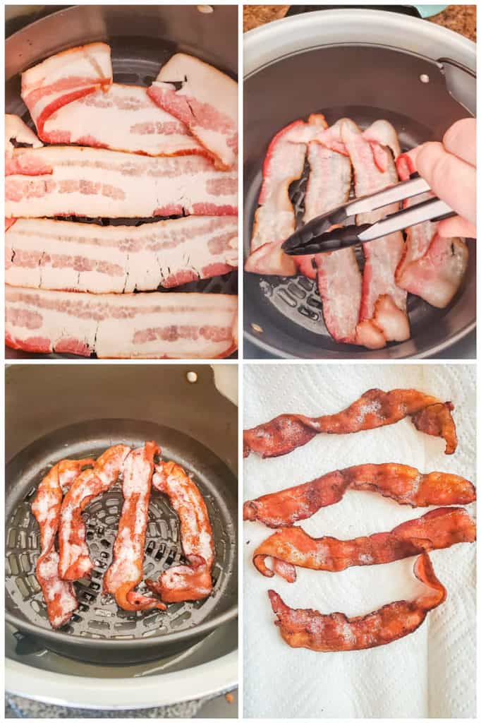 prep image showing four pictures of bacon cooking in an air fryer.