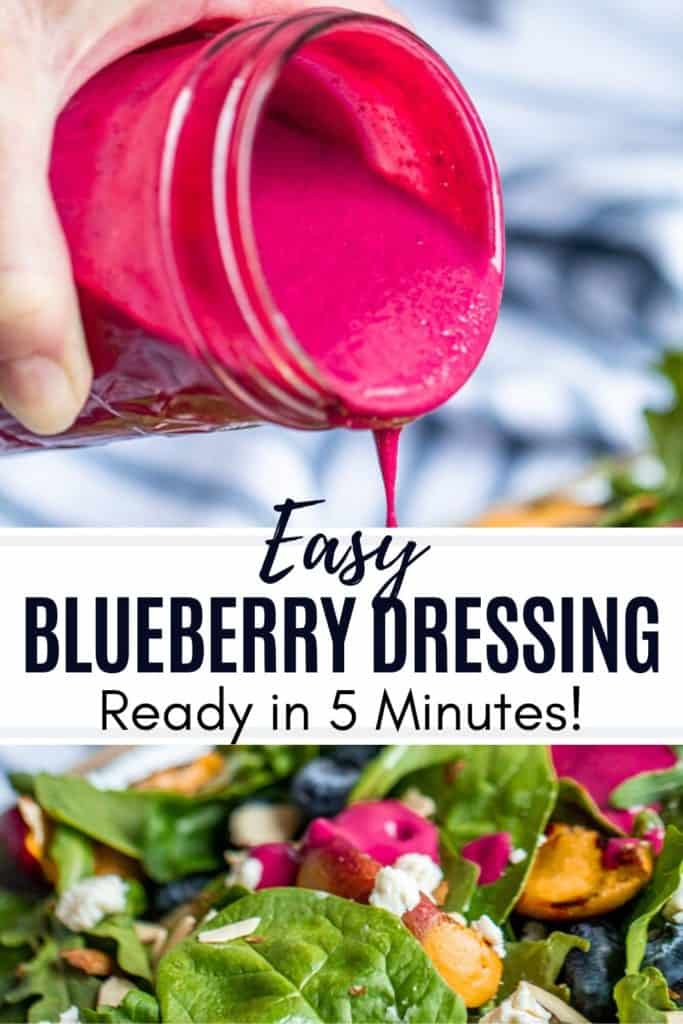 Pin for blueberry dressing recipe with text overlay.