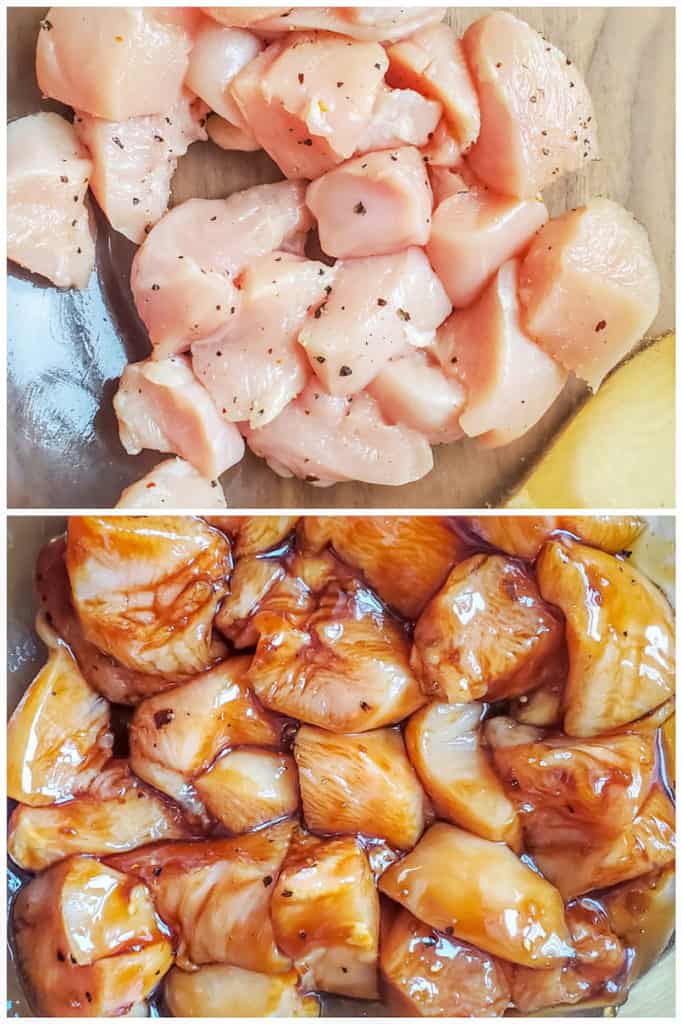 Prep image showing chicken diced in a bowl then coated in teriyaki sauce.