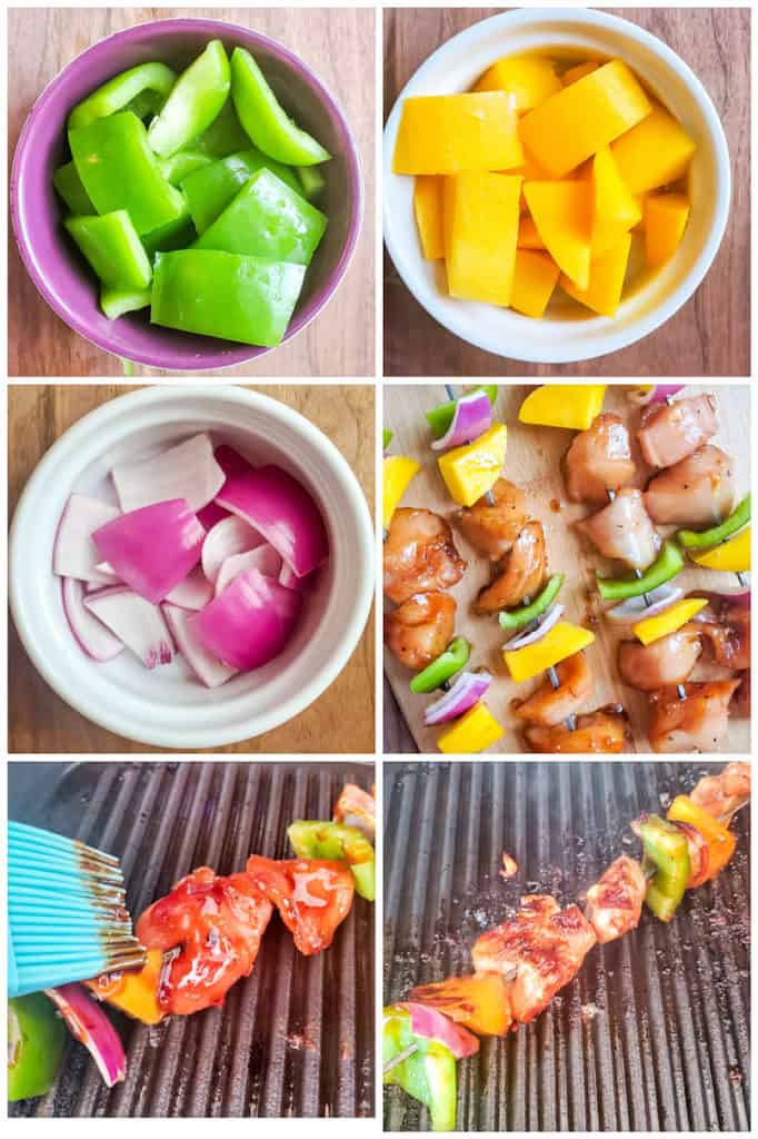 Prep images showing chopped vegetables then the chicken and veggies being cooked on a grill.