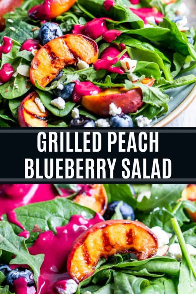 Grilled peach salad recipe pin with white text overlay.