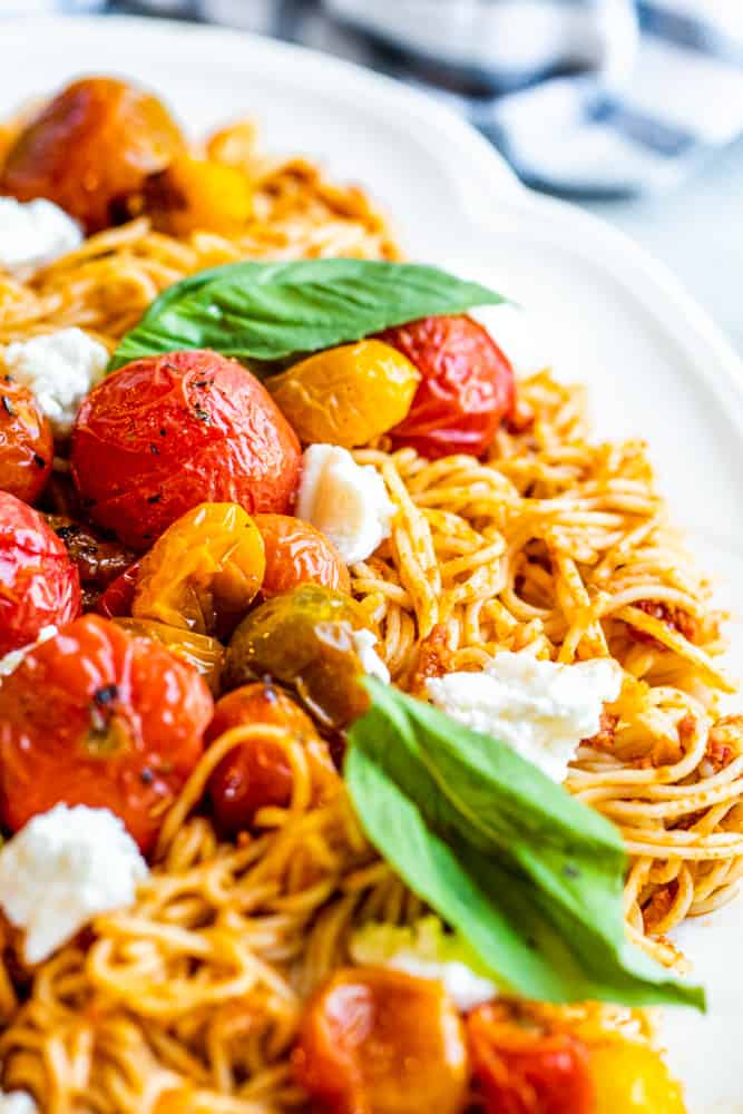 Close up of roasted tomatoes on top of pasta.