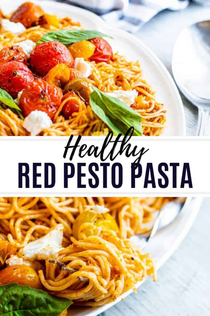 Red pesto pasta pin with white and black text overlay.