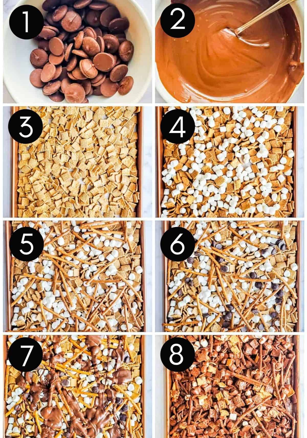 Prep image collage with numbers showing how to make snack mix.