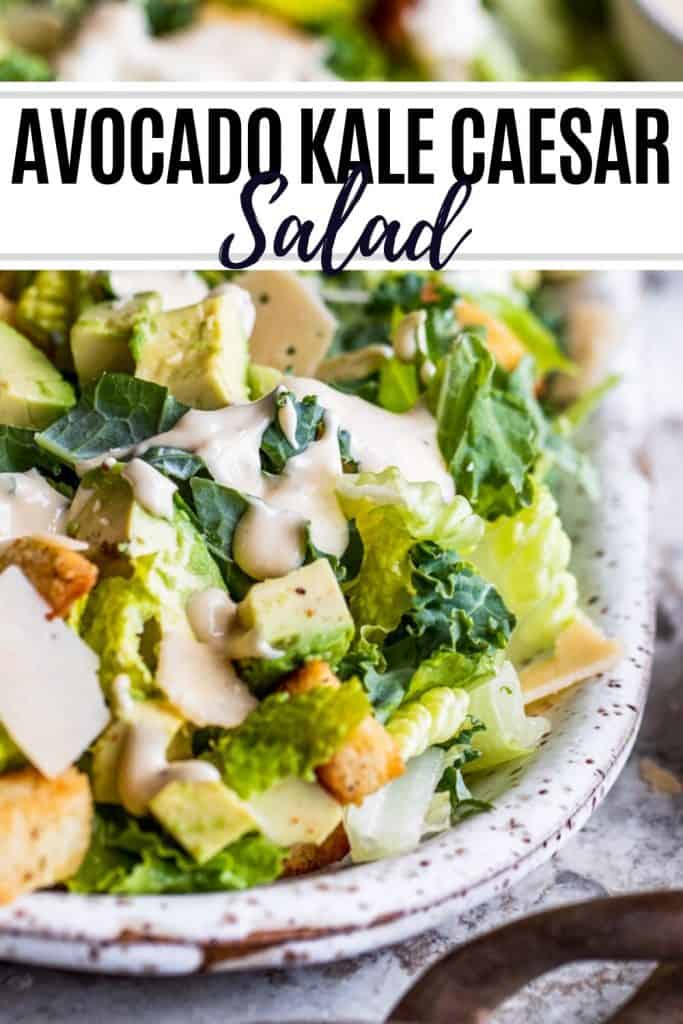 Kale caesar salad pin with text overlay.