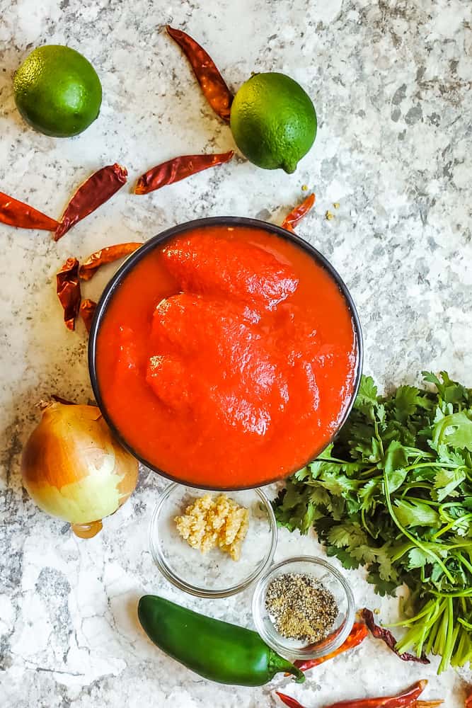 Overhead shot of salsa ingredients on a white counter.