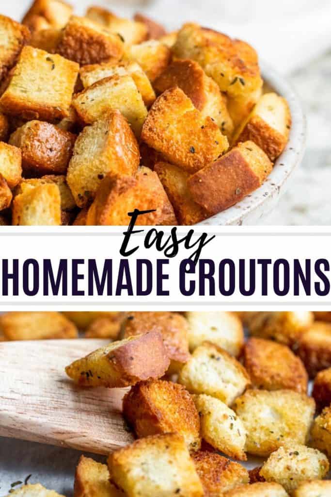 Two images of croutons in a white bowl with title text in the middle.