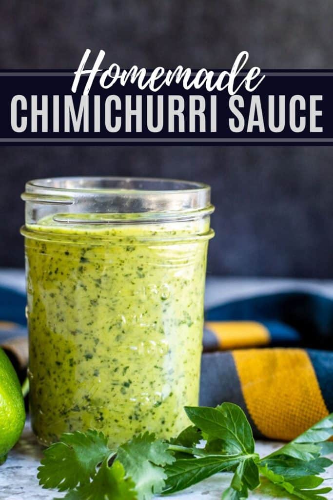 Chimichurri sauce in a mason jar with text overlay.