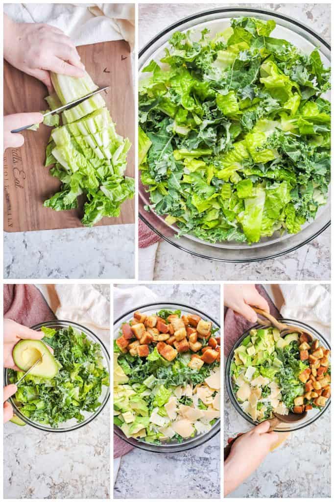 Prep image collage showing lettuce being chopped and salad being tossing in glass bowl.