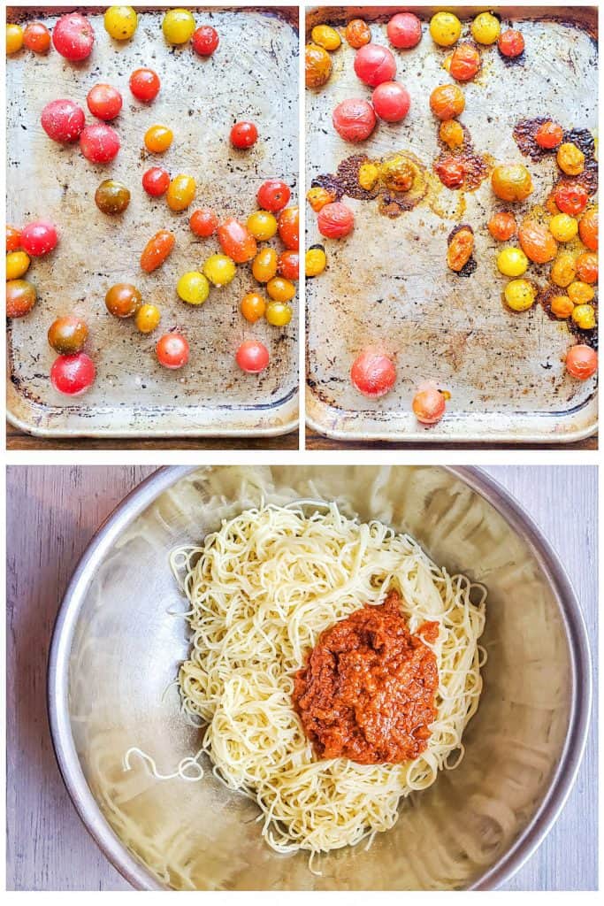 Prep images of tomatoes being roasted and pasta being combined with red pesto sauce.