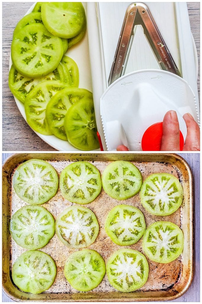 Two prep images of green tomatoes being slice then laying on a cookie sheet.