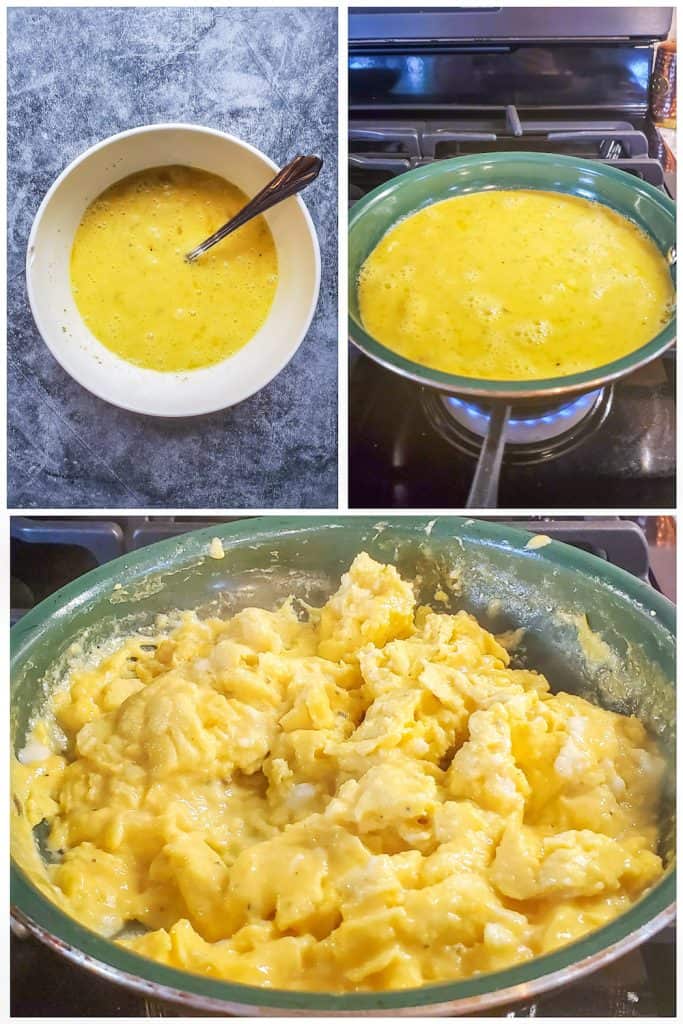 Three prep images of eggs being scrambled.