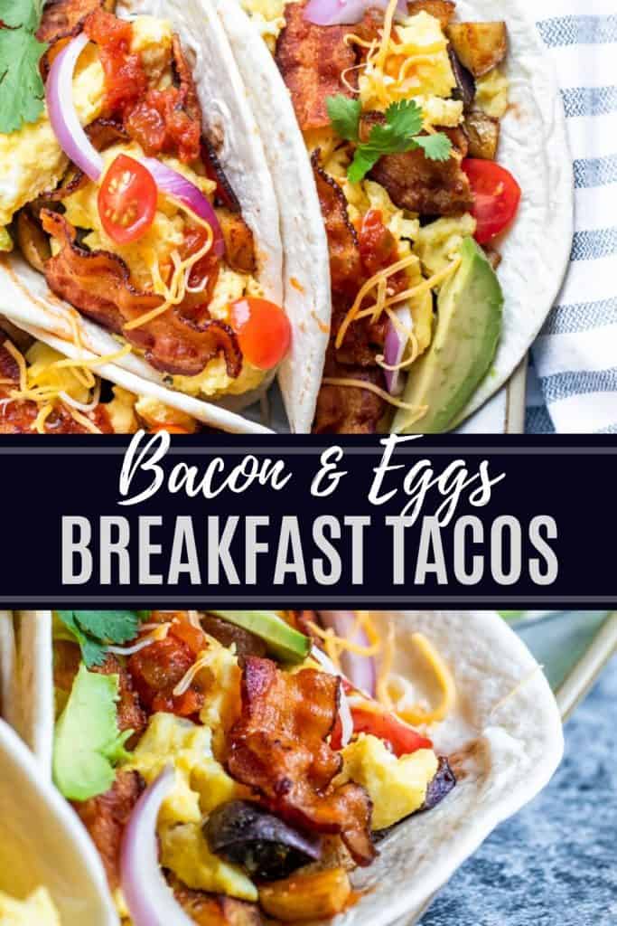Breakfast tacos pin with white text overlay.