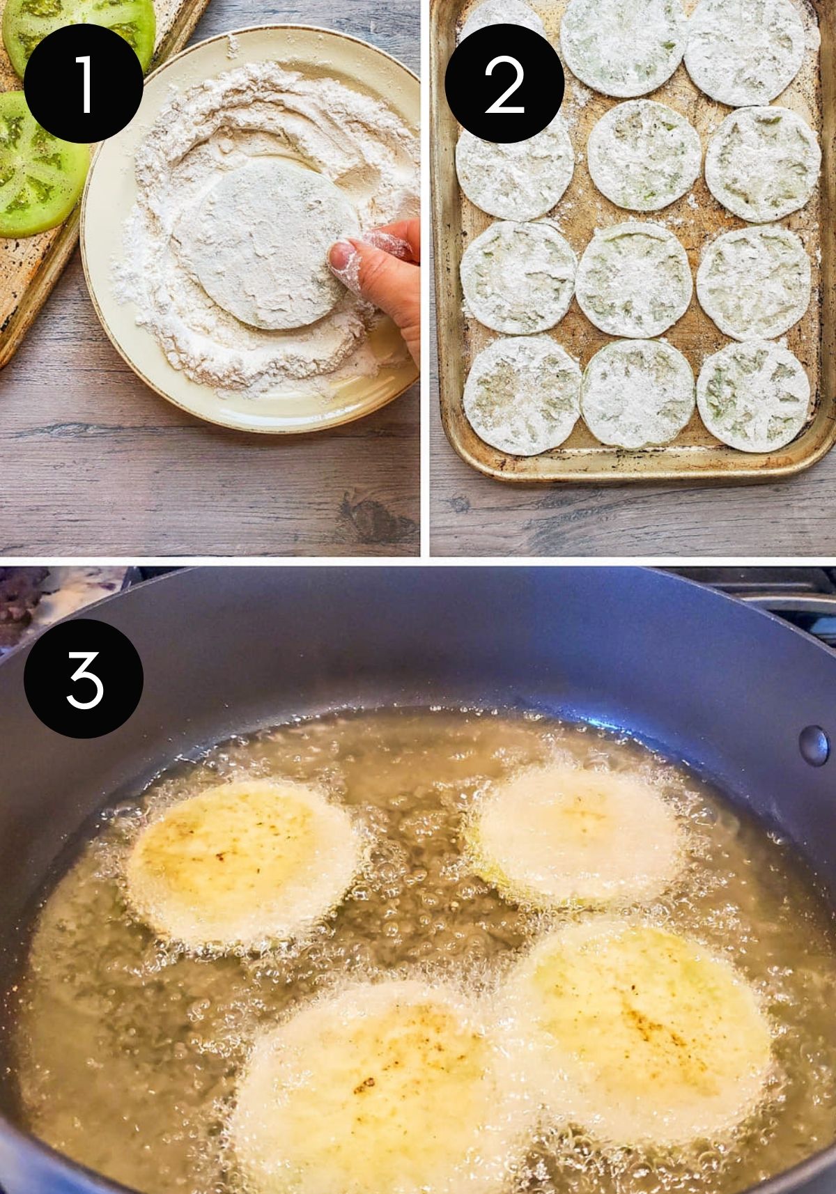 Three prep images of tomatoes being breaded and fried with number overlay.