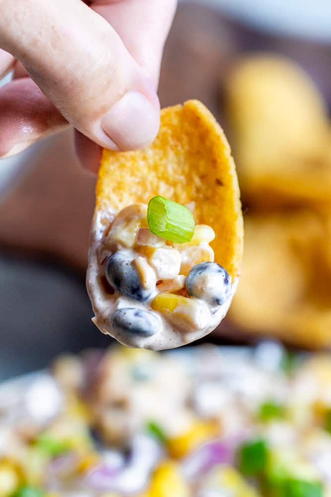 Hand holding chip with dip on it up to camera.