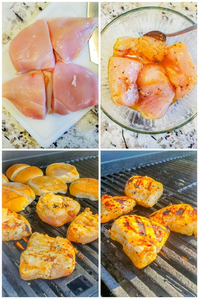 Four image collage showing chicken being sliced, marinaded then grilled.