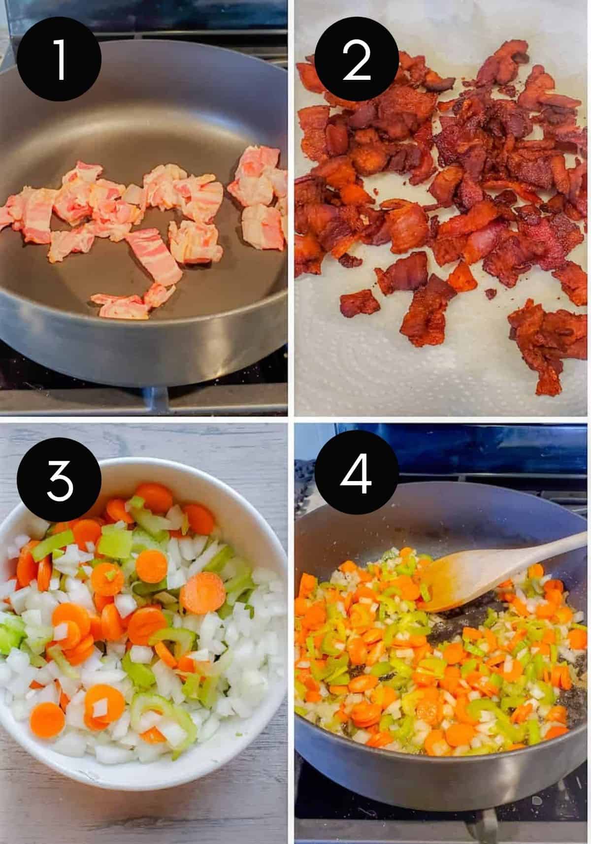 Four prep images of bacon and veggies cooking.