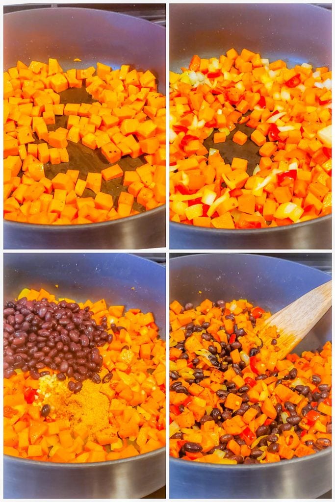 Prep image showing four images of veggies being cooked in large black skillet.