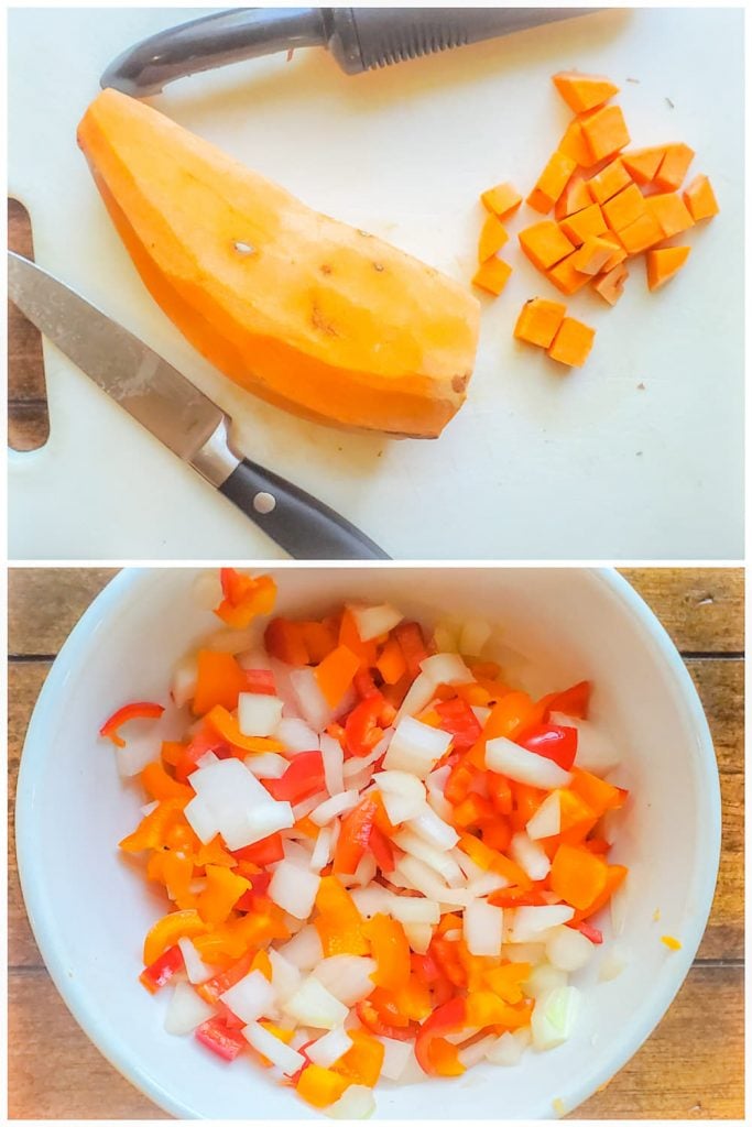 Prep image showing sweet potato being chopped and finished bowl of veggies.