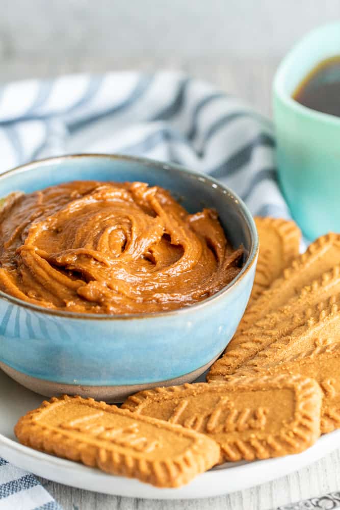 Angle shot of cookie spread in blue bowl with cookies.