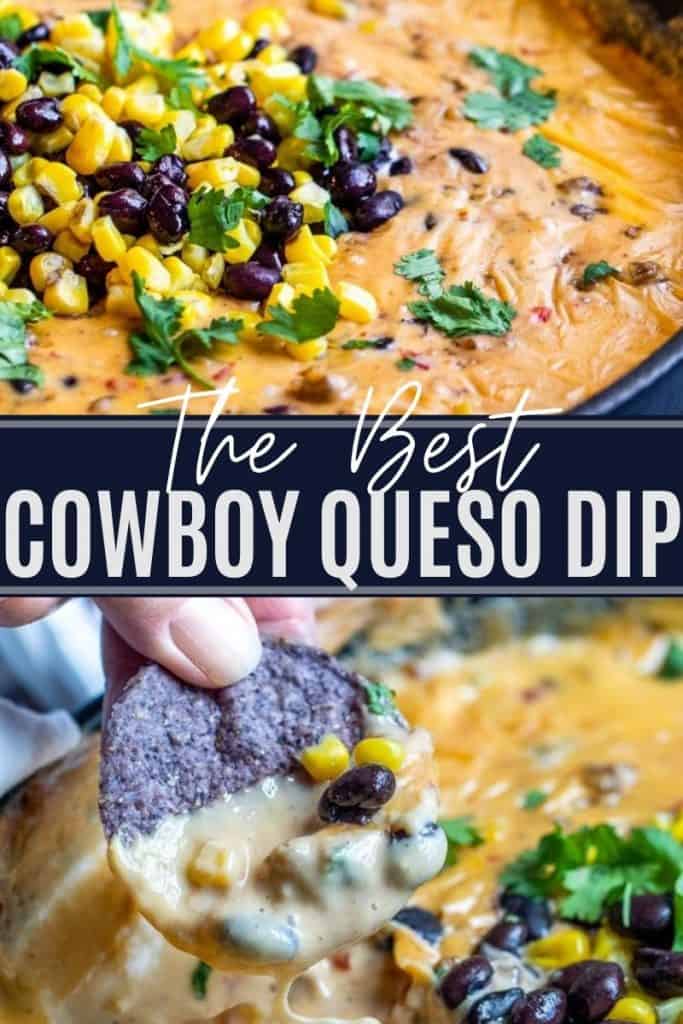 Pin for cowboy queso dip with two images of recipe and white and blue text overlay.