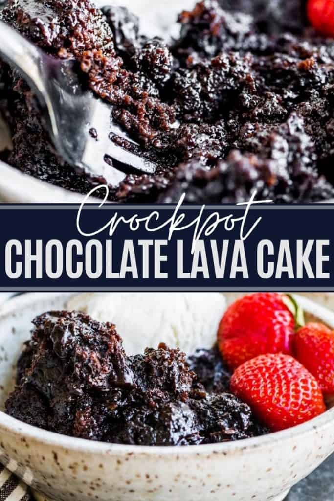 Chocolate lava cake pin with two images and white and blue text overlay.