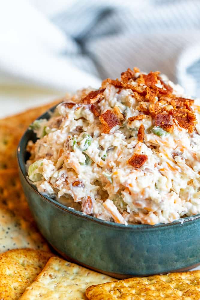 Angle shot of million dollar dip in a blue bowl with crackers surrounding it.