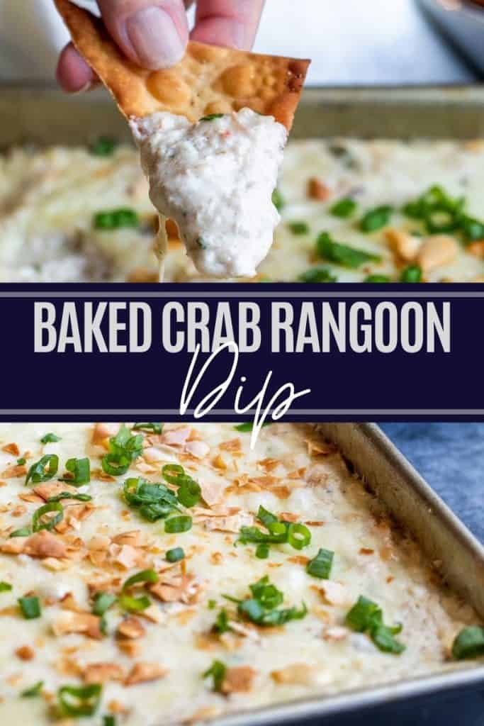 Pin for crab dip with two images and white and blue text overlay.