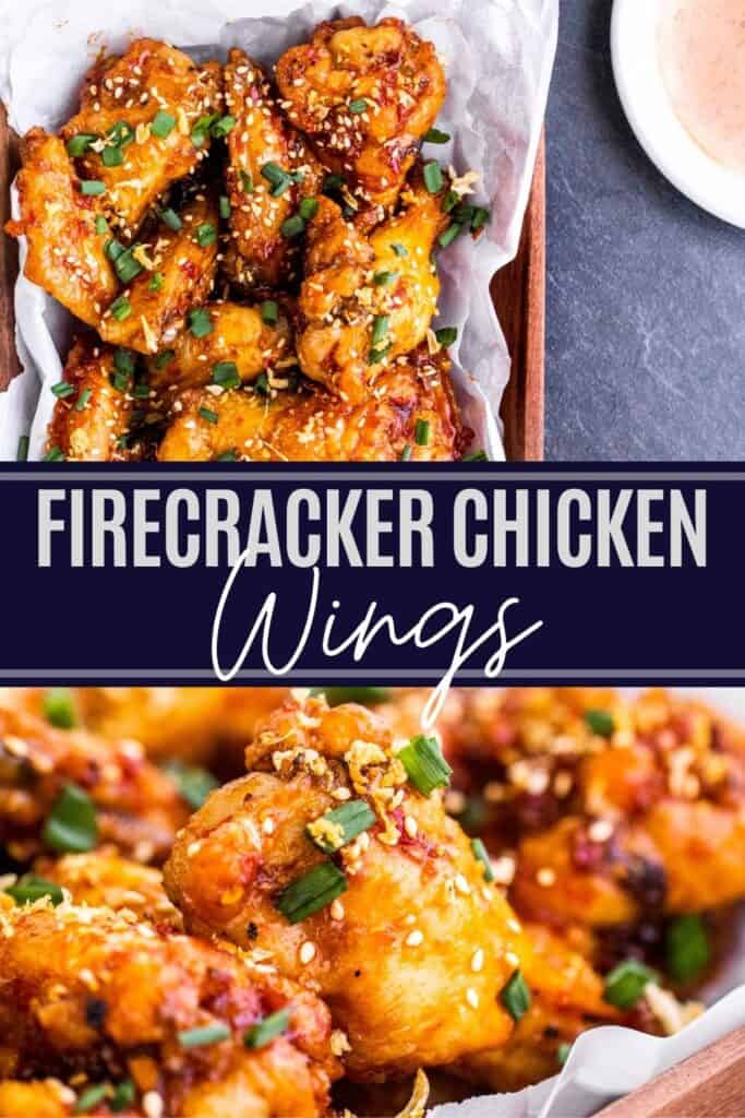 Pin for Firecracker wings with two finished recipe images and white and dark blue text overlay with title.