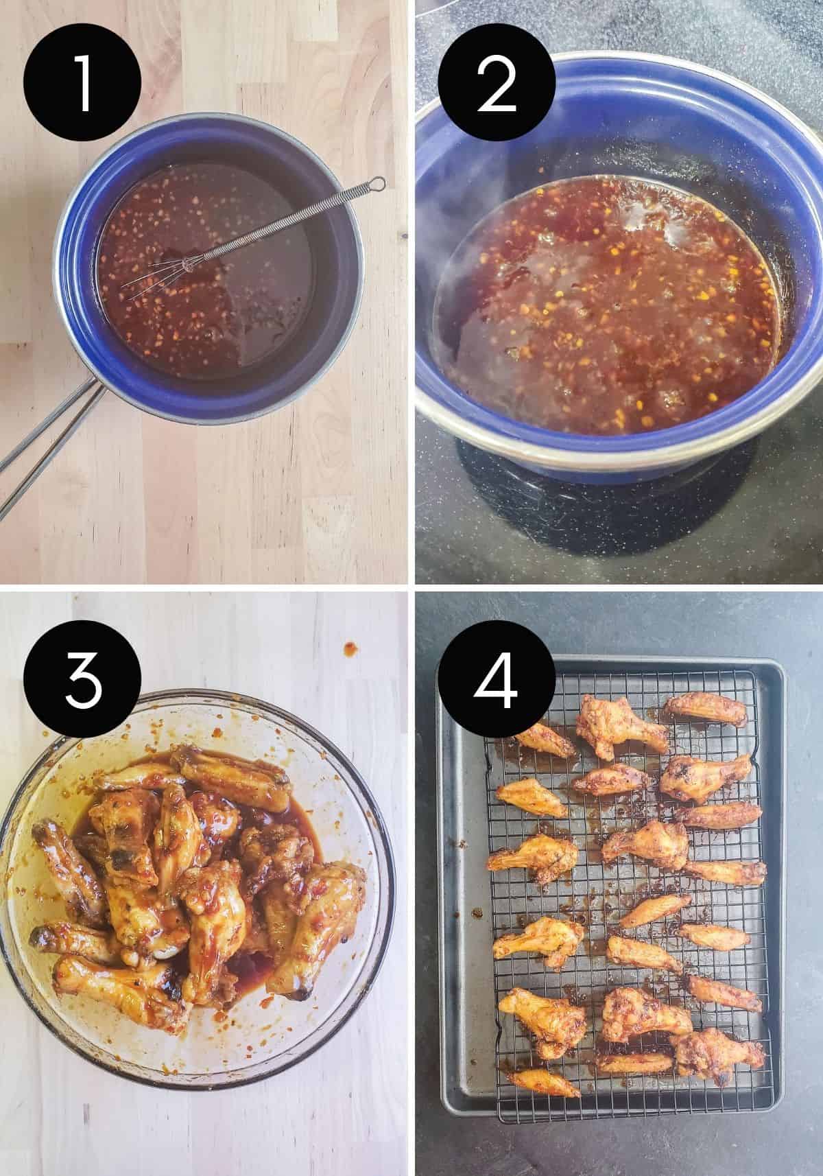 Prep image for wing recipe showing four image collage of sauce being made then wings being coated in sauce.