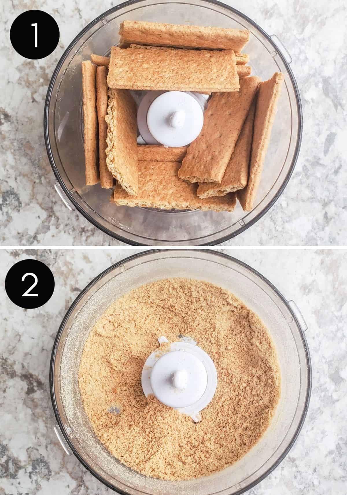 Overhead shot of graham crackers being ground in food processor in two shots with numbered overlay.