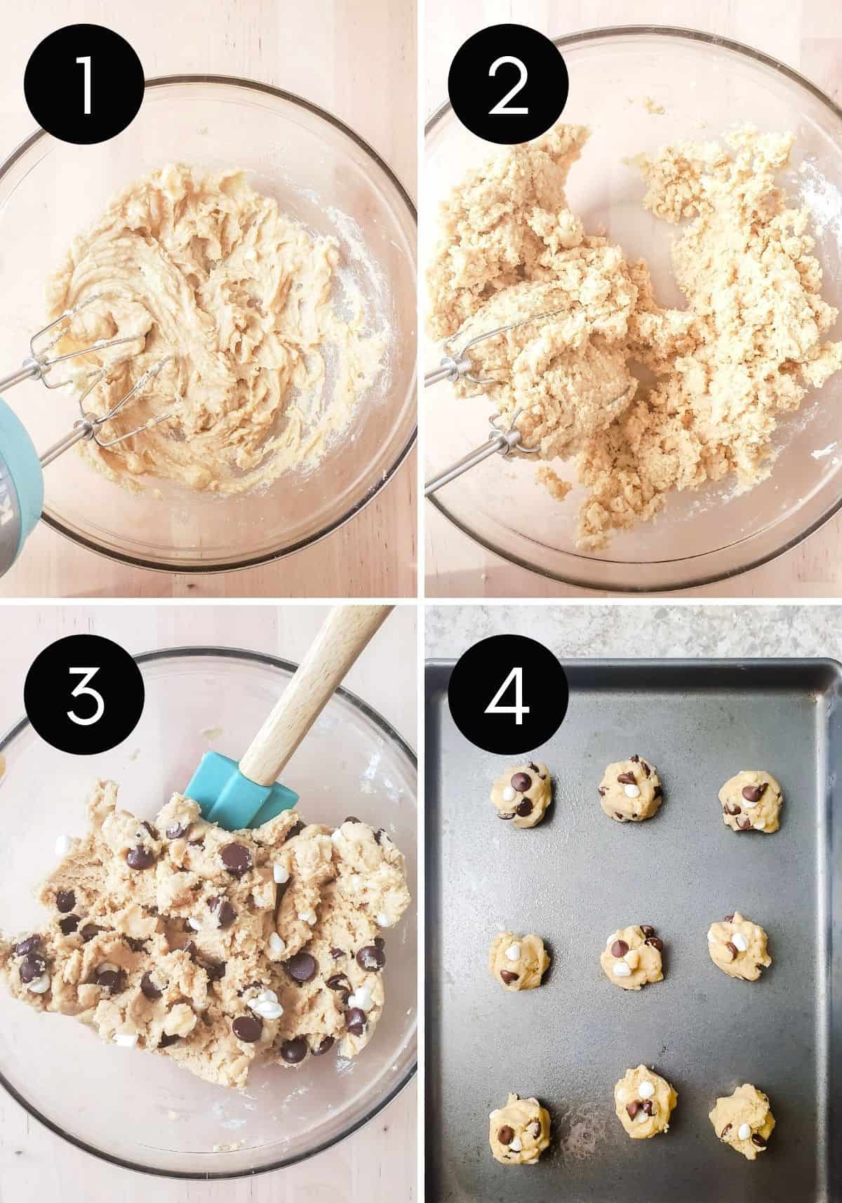 Four prep image collage showing cookie dough be made with number overlay.