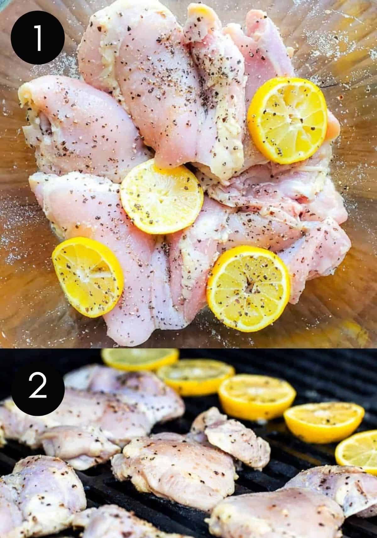 Prep image showing two photos on chicken marinating then on a grill outside.
