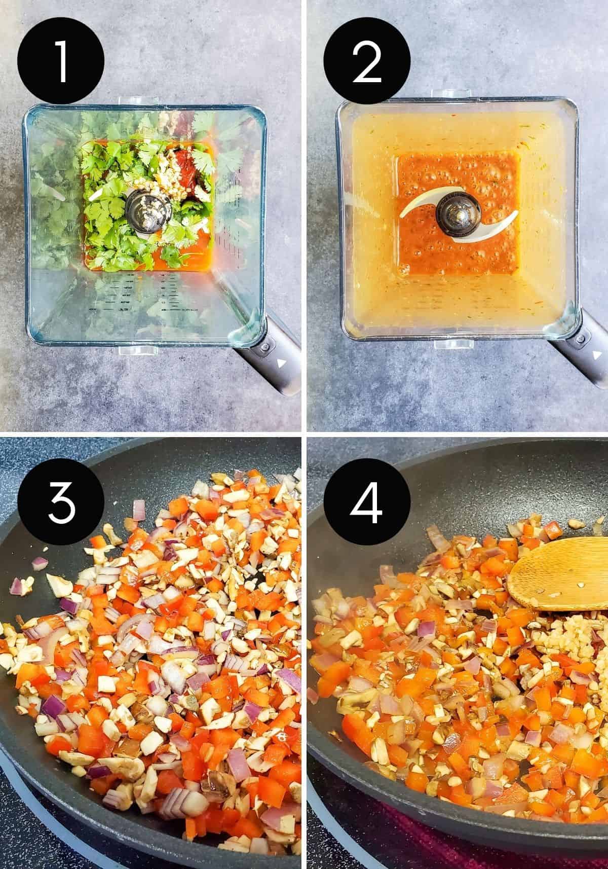 Prep images showing four numbered collage pictures on sauce and veggies being made.